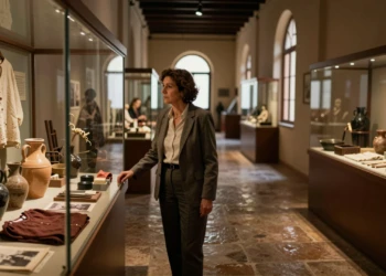 Clara Alarcón frente a vitrinas de un museo de historia en Murcia con objetos cotidianos de mujeres anónimas