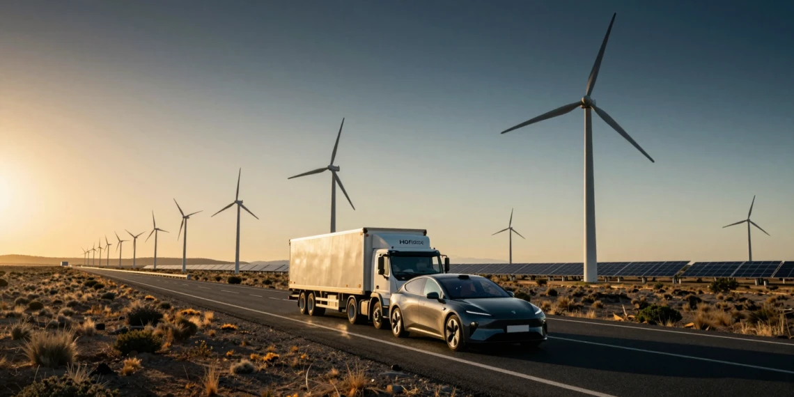 Autopista española al atardecer con vehículo eléctrico, camión de hidrógeno y aerogeneradores en la meseta castellana