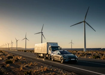 Autopista española al atardecer con vehículo eléctrico, camión de hidrógeno y aerogeneradores en la meseta castellana