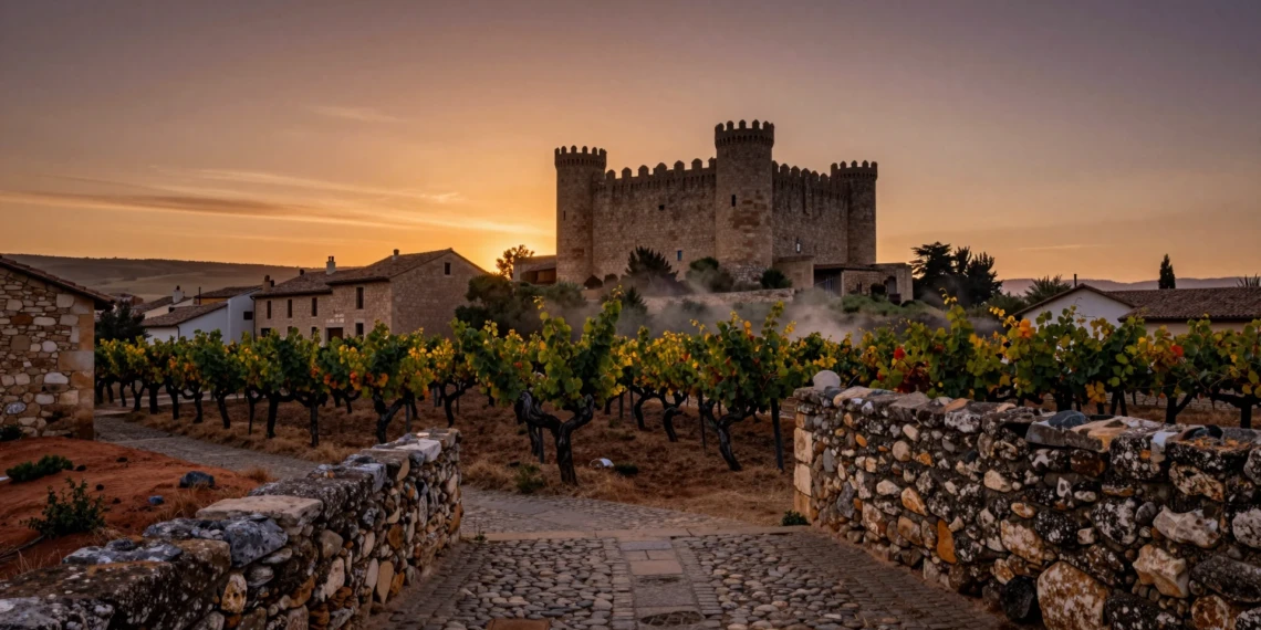 Castillo medieval de Sajazarra al atardecer con viñedos centenarios y calles empedradas en La Rioja Alta
