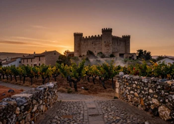Castillo medieval de Sajazarra al atardecer con viñedos centenarios y calles empedradas en La Rioja Alta