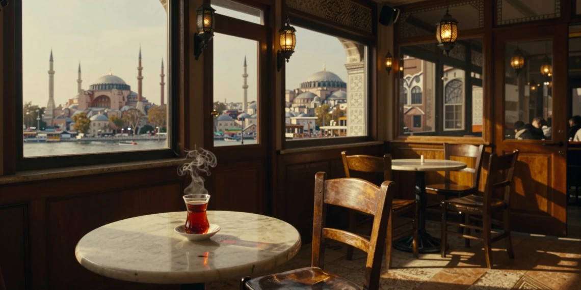 Interior otomano de un café histórico de Estambul al atardecer con té turco humeante y ventanas que reflejan la Mezquita Azul