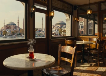 Interior otomano de un café histórico de Estambul al atardecer con té turco humeante y ventanas que reflejan la Mezquita Azul