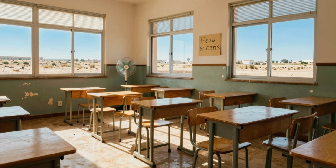 Aula vacía en colegio público español con calor extremo, ventilador apagado y luz solar intensa entrando por las ventanas