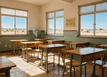 Aula vacía en colegio público español con calor extremo, ventilador apagado y luz solar intensa entrando por las ventanas