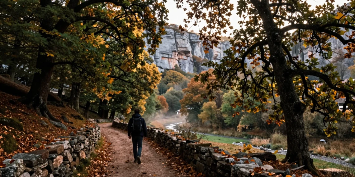 Senderista solitario en un sendero de piedra entre robles y hayas en el Valle de Valdivielso, Burgos