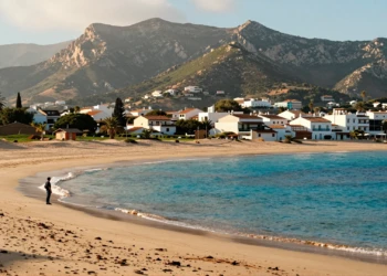 Playa dorada de Daimús con aguas turquesas del Mediterráneo y las montañas de La Safor al fondo, Valencia