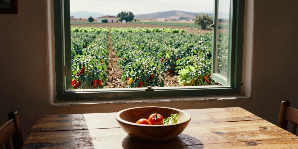 Cuenco de frutas casi vacío en cocina española con campos de verduras de Murcia al fondo