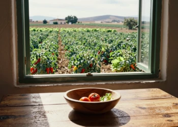 Cuenco de frutas casi vacío en cocina española con campos de verduras de Murcia al fondo