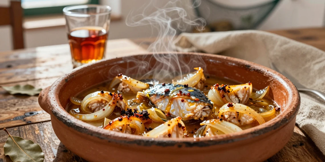 Cazuela de barro con atún encebollado a la andaluza, cebolla caramelizada y salsa de vino oloroso de Jerez