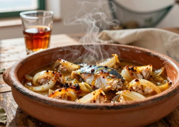 Cazuela de barro con atún encebollado a la andaluza, cebolla caramelizada y salsa de vino oloroso de Jerez