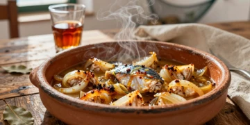 Cazuela de barro con atún encebollado a la andaluza, cebolla caramelizada y salsa de vino oloroso de Jerez