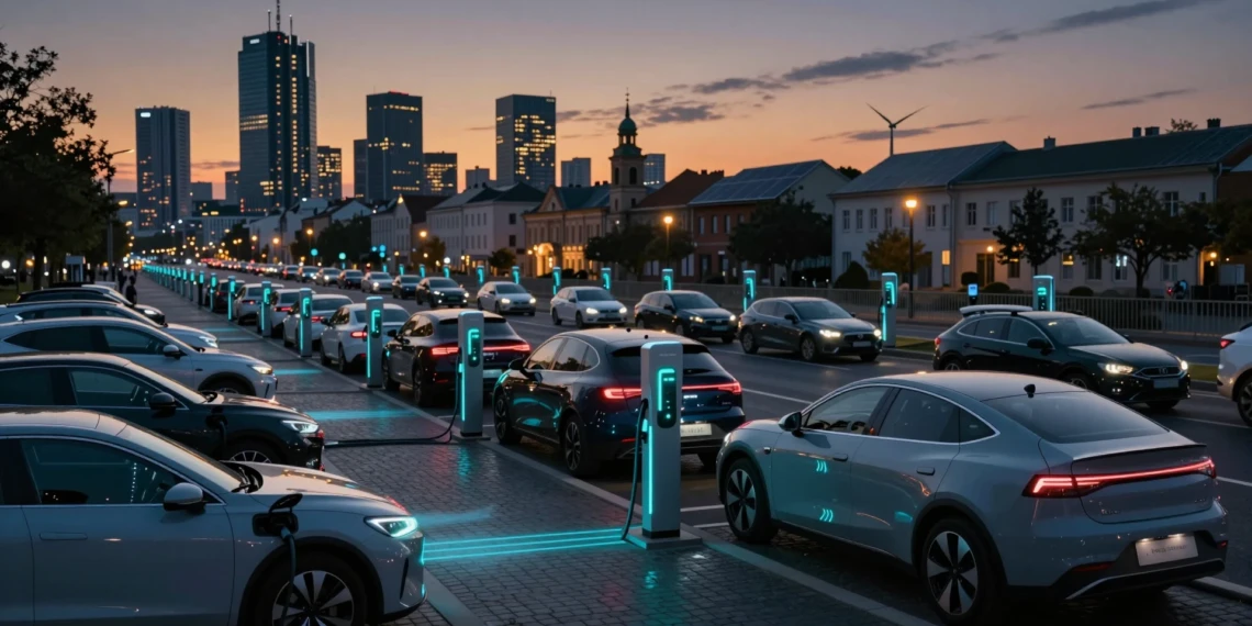 Coches eléctricos conectados a cargadores inteligentes en ciudad europea al atardecer con tecnología vehicle-to-grid