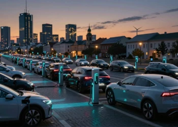 Coches eléctricos conectados a cargadores inteligentes en ciudad europea al atardecer con tecnología vehicle-to-grid