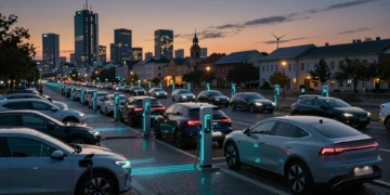 Coches eléctricos conectados a cargadores inteligentes en ciudad europea al atardecer con tecnología vehicle-to-grid