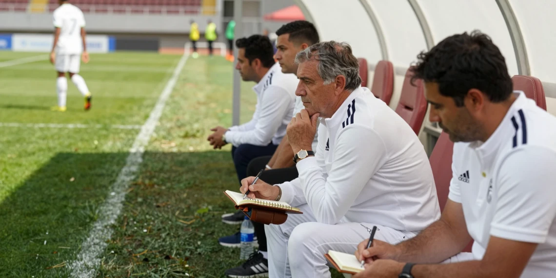 Mourinho sentado en el banquillo con un cuaderno en el debut de su etapa como entrenador del Real Madrid