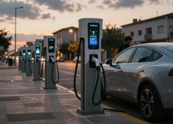 Conductor junto a su coche eléctrico enchufado a un punto de recarga con error en España al atardecer
