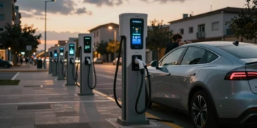 Conductor junto a su coche eléctrico enchufado a un punto de recarga con error en España al atardecer
