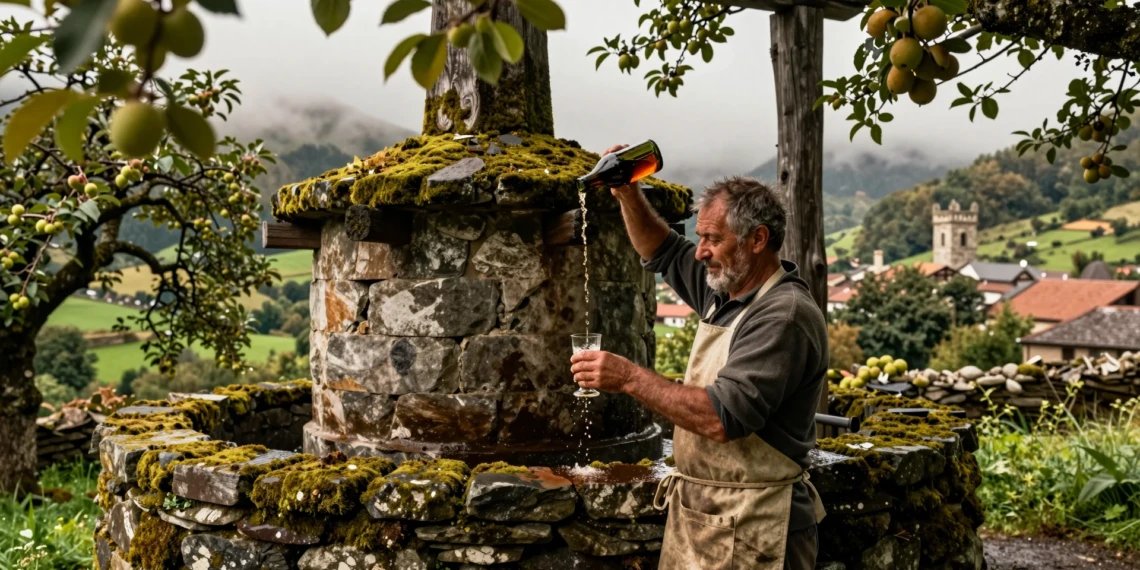 Hombre asturiano realizando el escanciado tradicional de sidra frente a un llagar centenario de piedra rodeado de manzanos