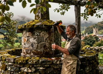Hombre asturiano realizando el escanciado tradicional de sidra frente a un llagar centenario de piedra rodeado de manzanos