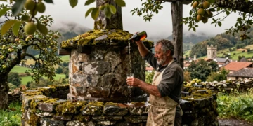 Hombre asturiano realizando el escanciado tradicional de sidra frente a un llagar centenario de piedra rodeado de manzanos