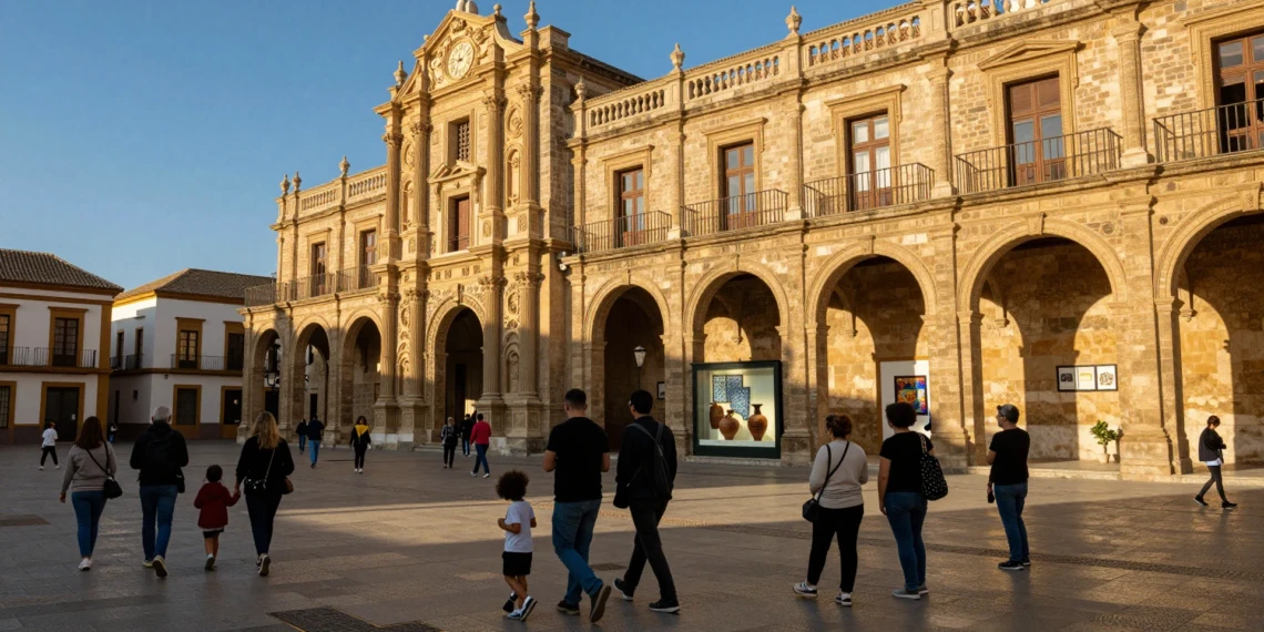 Visitantes paseando frente a un edificio barroco en el centro histórico de Murcia al atardecer