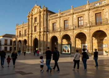 Visitantes paseando frente a un edificio barroco en el centro histórico de Murcia al atardecer