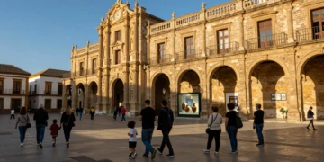 Visitantes paseando frente a un edificio barroco en el centro histórico de Murcia al atardecer