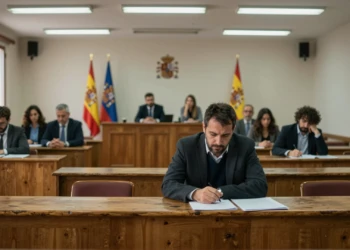 Salón de plenos de un ayuntamiento murciano con concejales en tensión, banderas españolas y luz fluorescente institucional
