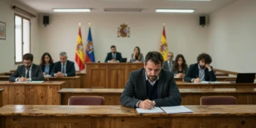 Salón de plenos de un ayuntamiento murciano con concejales en tensión, banderas españolas y luz fluorescente institucional