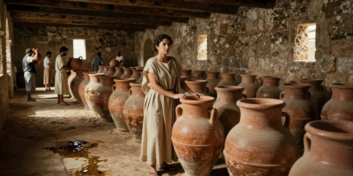 Mujer romana supervisando una bodega antigua con dolia de terracota, evocando el rol real de la vilica