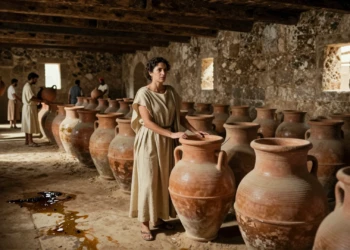 Mujer romana supervisando una bodega antigua con dolia de terracota, evocando el rol real de la vilica