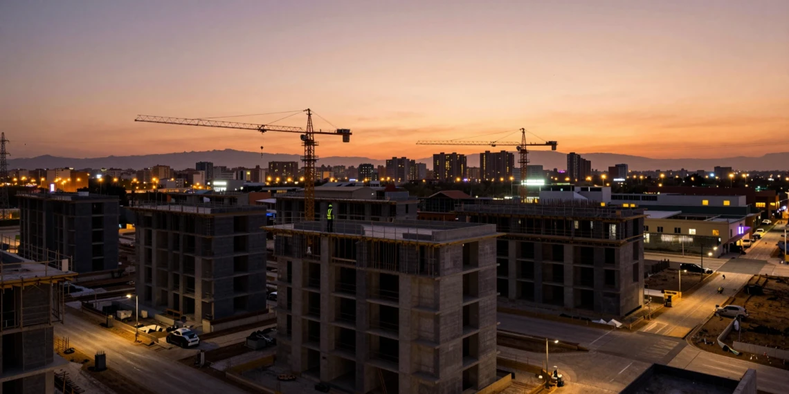 Obras de construcción residencial en Murcia al atardecer con bloques sin luz eléctrica y grúas bajo cielo naranja