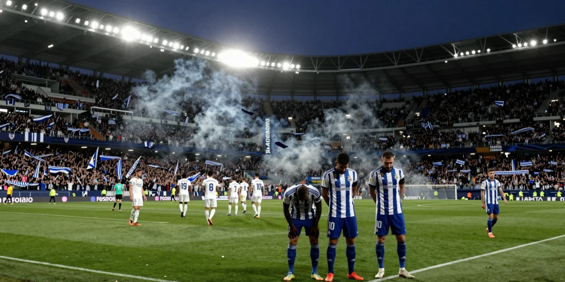 Jugadores del Deportivo de La Coruña cabizbajo en el césped tras caer ante el Real Madrid en Primera División