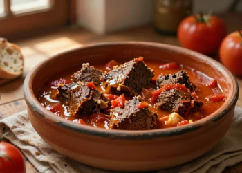 Cazuela de barro con carne con tomate estofada al estilo andaluz, sobre mesa de madera rústica con tomates frescos y pan