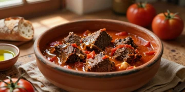 Cazuela de barro con carne con tomate estofada al estilo andaluz, sobre mesa de madera rústica con tomates frescos y pan