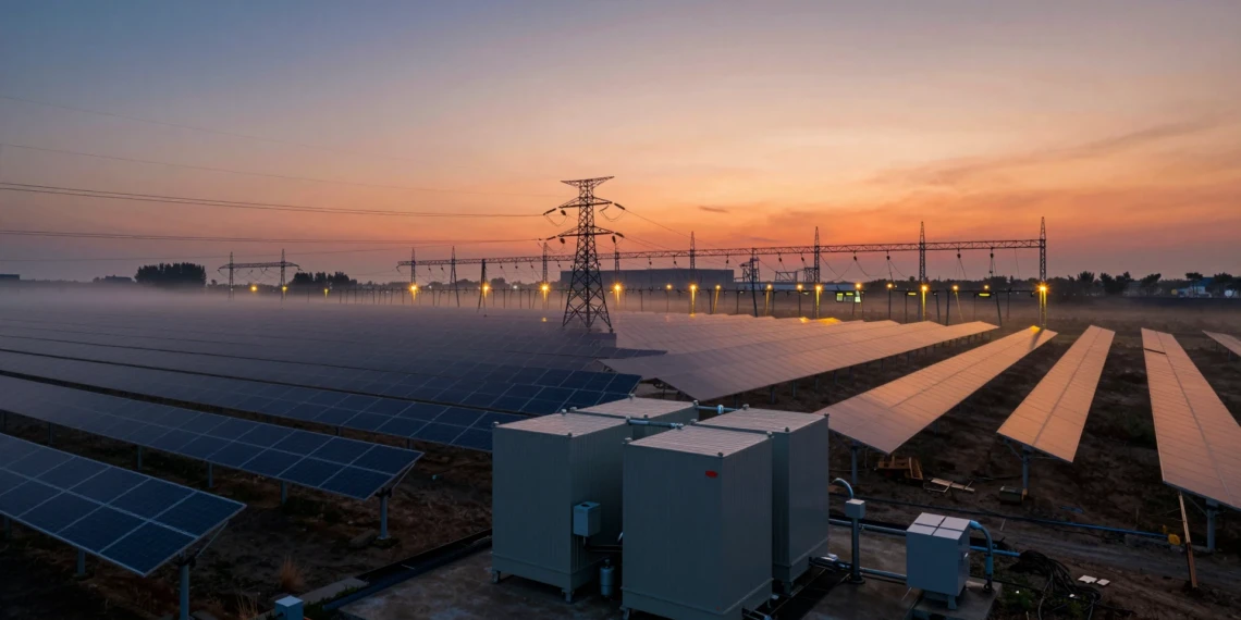 Granja solar al atardecer con baterías de almacenamiento industrial y torres de alta tensión estabilizando la red eléctrica