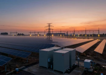 Granja solar al atardecer con baterías de almacenamiento industrial y torres de alta tensión estabilizando la red eléctrica