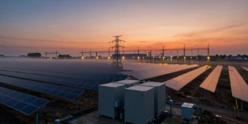 Granja solar al atardecer con baterías de almacenamiento industrial y torres de alta tensión estabilizando la red eléctrica