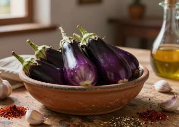 Cuenco de cerámica rústica con berenjenas de Almagro encurtidas, ajo, pimentón, comino y aceite de oliva sobre mesa de madera