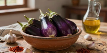 Cuenco de cerámica rústica con berenjenas de Almagro encurtidas, ajo, pimentón, comino y aceite de oliva sobre mesa de madera