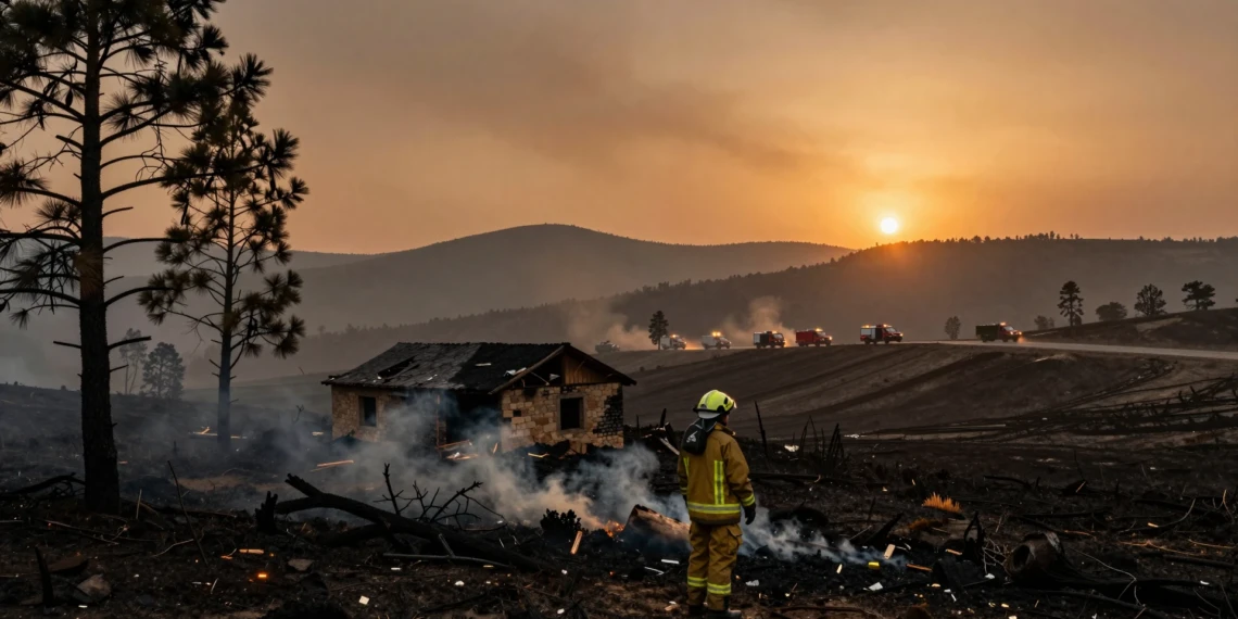 Bombero exhausto contempla paisaje calcinado en Sierra Oeste de Madrid tras incendios que arrasaron 77.000 hectáreas