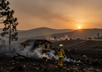 Bombero exhausto contempla paisaje calcinado en Sierra Oeste de Madrid tras incendios que arrasaron 77.000 hectáreas