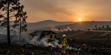 Bombero exhausto contempla paisaje calcinado en Sierra Oeste de Madrid tras incendios que arrasaron 77.000 hectáreas