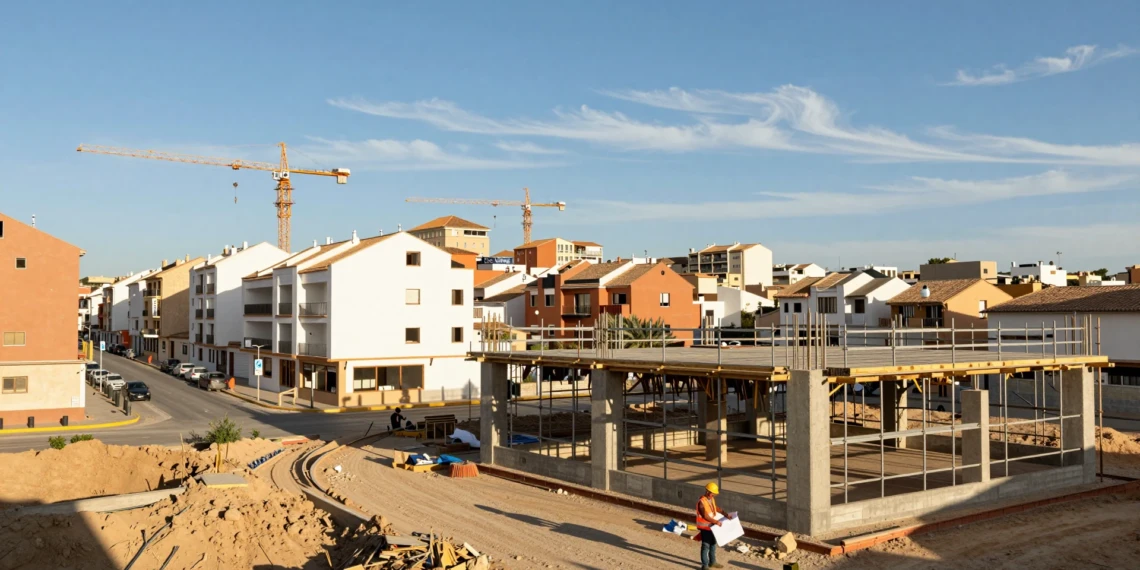 Construcción residencial en Murcia con scaffolding, trabajador y grúas bajo el sol mediterráneo