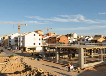 Construcción residencial en Murcia con scaffolding, trabajador y grúas bajo el sol mediterráneo