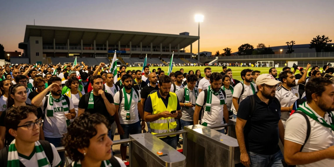 Aficionados del Córdoba CF agolpados en los tornos de acceso al estadio El Arcángel en el estreno liguero