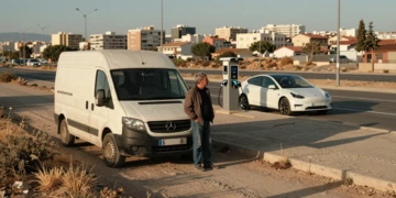 Hombre junto a furgoneta diésel en carretera rural mientras un coche eléctrico se carga en una ciudad al fondo, España