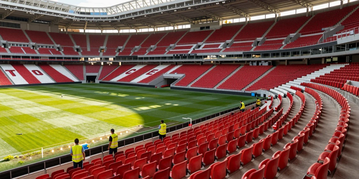 Estadio El Arcángel renovado con nuevas butacas rojas y blancas, palcos privados y trabajadores inspeccionando las gradas