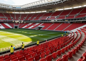 Estadio El Arcángel renovado con nuevas butacas rojas y blancas, palcos privados y trabajadores inspeccionando las gradas